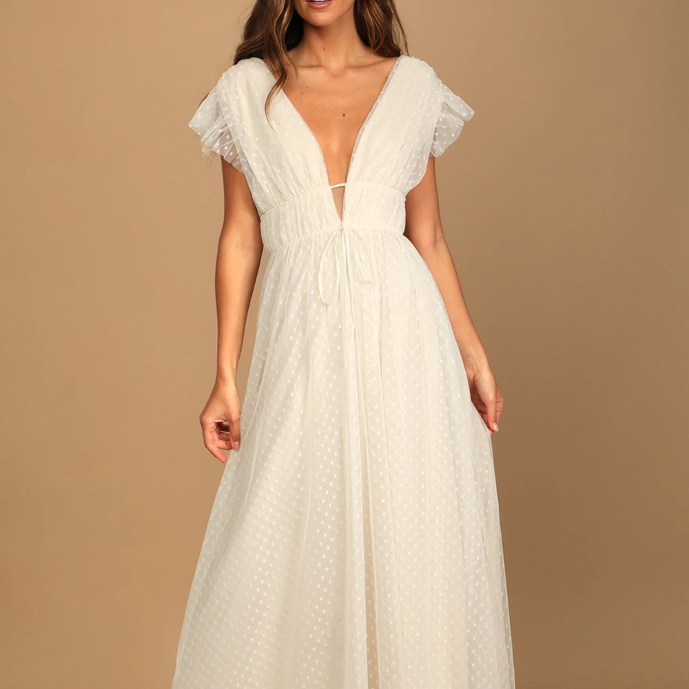 Lulu's Cream Swiss Dot Maxi Dress